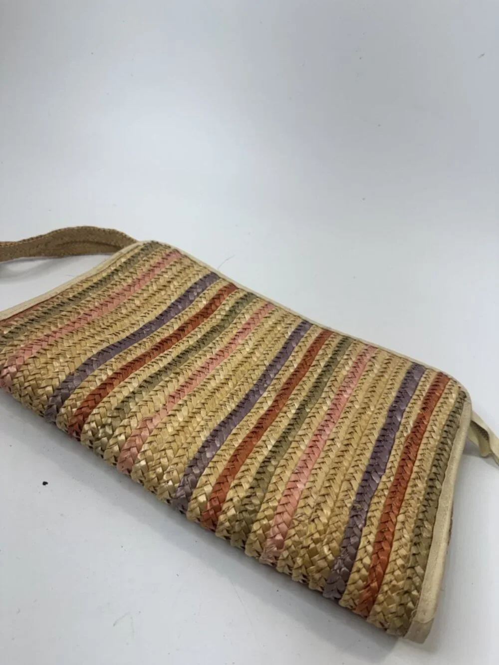 Handwoven Straw Clutch Purse With Multicolor Stripes & Wrist Strap Made In Hong